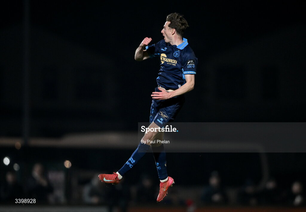 21 March 2026; Daniel Kelly of Shelbourne celebrates after scoring his side's first goal during the SSE Airtricity Men's Premier Division match between Sligo Rovers and Shelbourne at The Showgrounds in Sligo. Photo by Paul Phelan/Sportsfile
