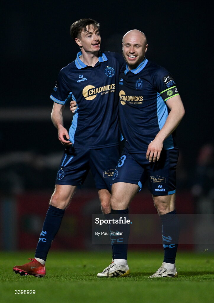 21 March 2026; Daniel Kelly of Shelbourne celebrates after scoring his side's first goal with Kerr McInroy of Shelbourne during the SSE Airtricity Men's Premier Division match between Sligo Rovers and Shelbourne at The Showgrounds in Sligo. Photo by Paul Phelan/Sportsfile