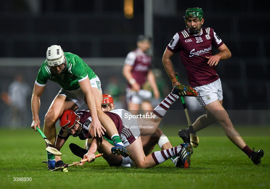 21 March 2026; Kyle Hayes of Limerick in action against Conor Whelan of Galway during the Allianz Hurling League Division 1A match between Limerick and Galway at TUS Gaelic Grounds in Limerick. Photo by John Sheridan/Sportsfile