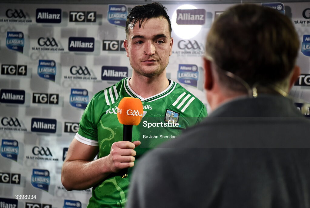 21 March 2026; Kyle Hayes of Limerick is interviewed by TG4 presenter Micheál Ó Domhnaill after the Allianz Hurling League Division 1A match between Limerick and Galway at TUS Gaelic Grounds in Limerick. Photo by John Sheridan/Sportsfile