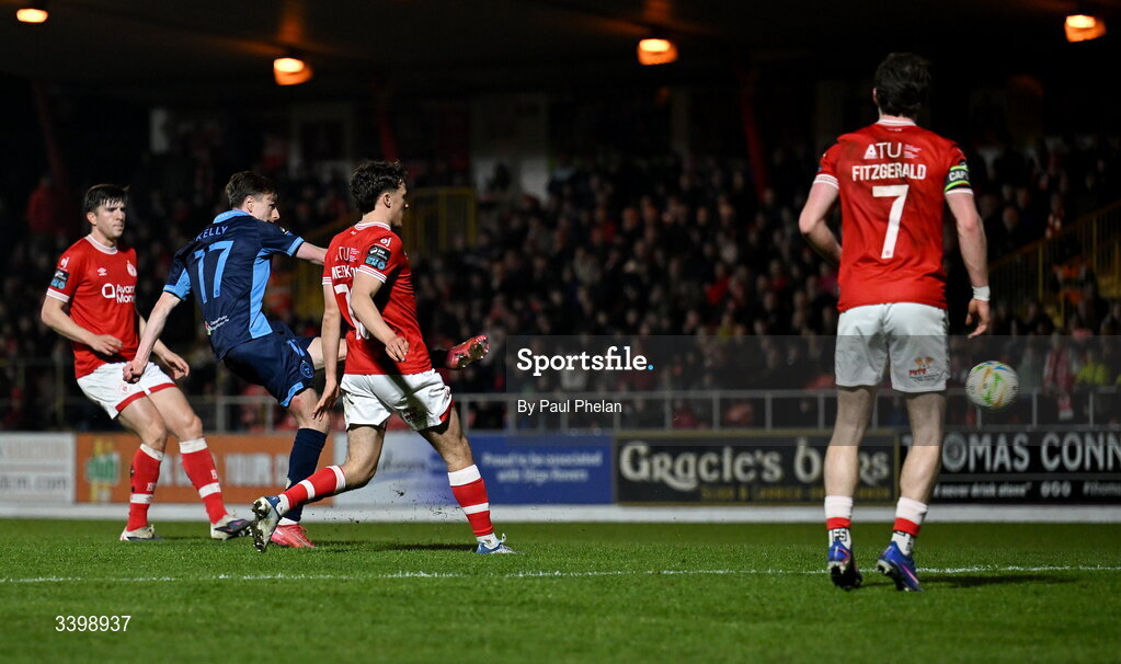 21 March 2026; Daniel Kelly of Shelbourne shoots to score his side's first goal during the SSE Airtricity Men's Premier Division match between Sligo Rovers and Shelbourne at The Showgrounds in Sligo. Photo by Paul Phelan/Sportsfile
