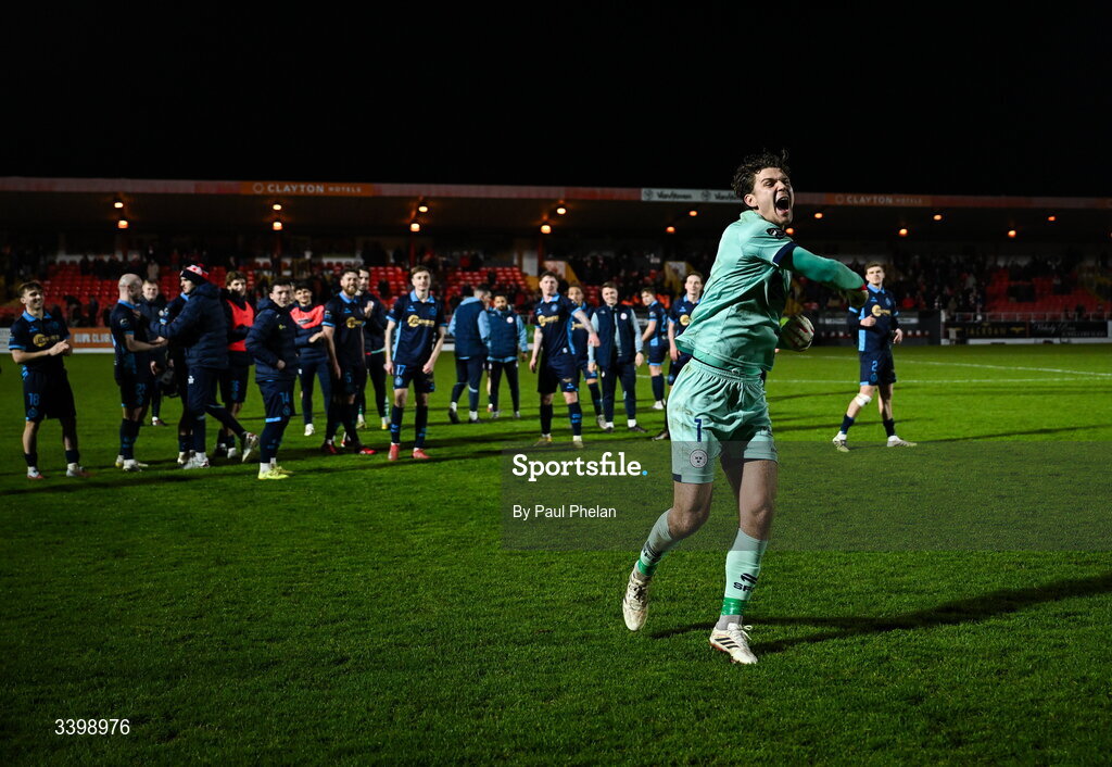 21 March 2026; Shelbourne goalkeeper Wessel Speel celebrates after the SSE Airtricity Men's Premier Division match between Sligo Rovers and Shelbourne at The Showgrounds in Sligo. Photo by Paul Phelan/Sportsfile