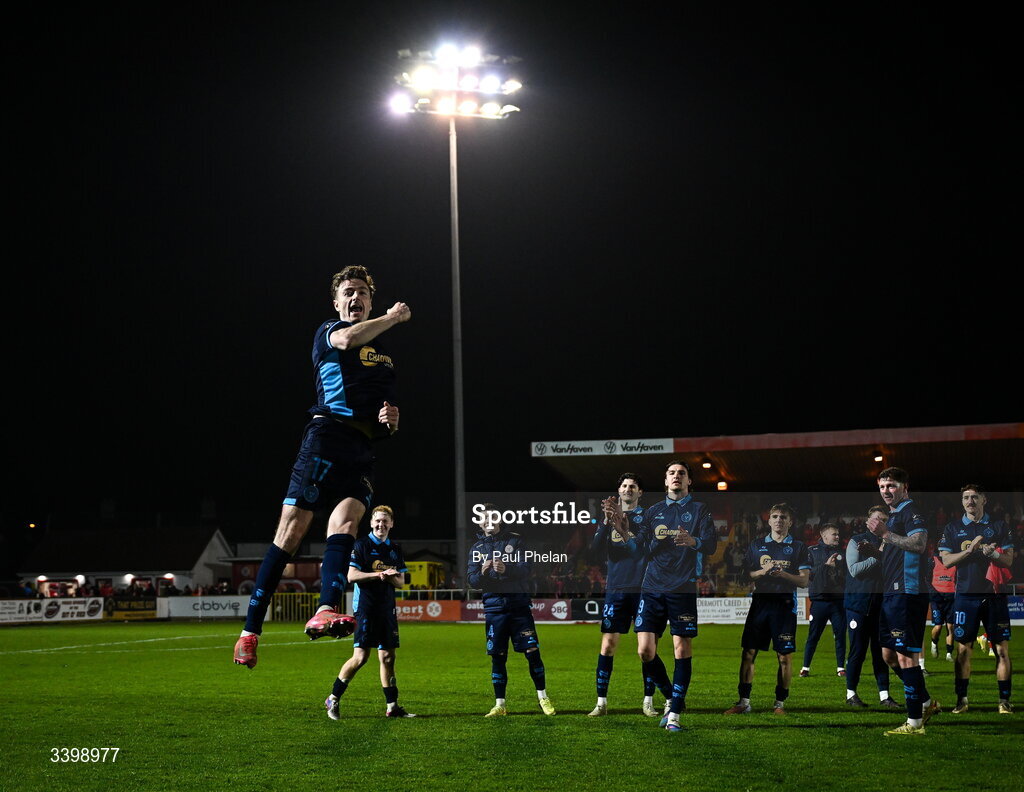 21 March 2026; Goalscorer Daniel Kelly of Shelbourne celebrates after the SSE Airtricity Men's Premier Division match between Sligo Rovers and Shelbourne at The Showgrounds in Sligo. Photo by Paul Phelan/Sportsfile