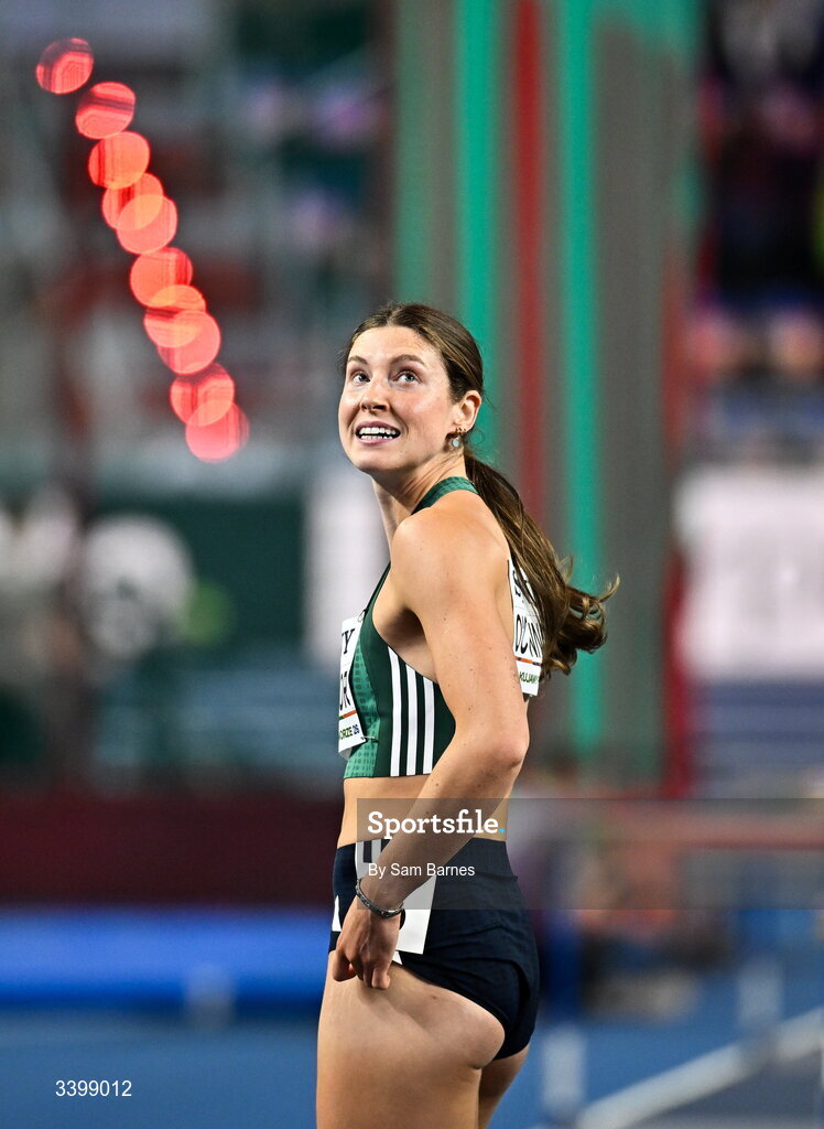 22 March 2026; Kate O'Connor of Ireland after competing in the Women's 60m hurdles event in the Women's Pentathlon during day three of the World Athletics Indoor Championships at Kujawsko-Pomorska Arena in Torun, Poland. Photo by Sam Barnes/Sportsfile