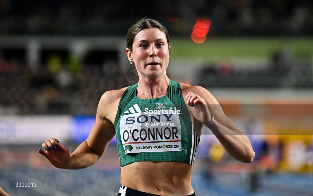 22 March 2026; Kate O'Connor of Ireland after competing in the Women's 60m hurdles event in the Women's Pentathlon during day three of the World Athletics Indoor Championships at Kujawsko-Pomorska Arena in Torun, Poland. Photo by Sam Barnes/Sportsfile
