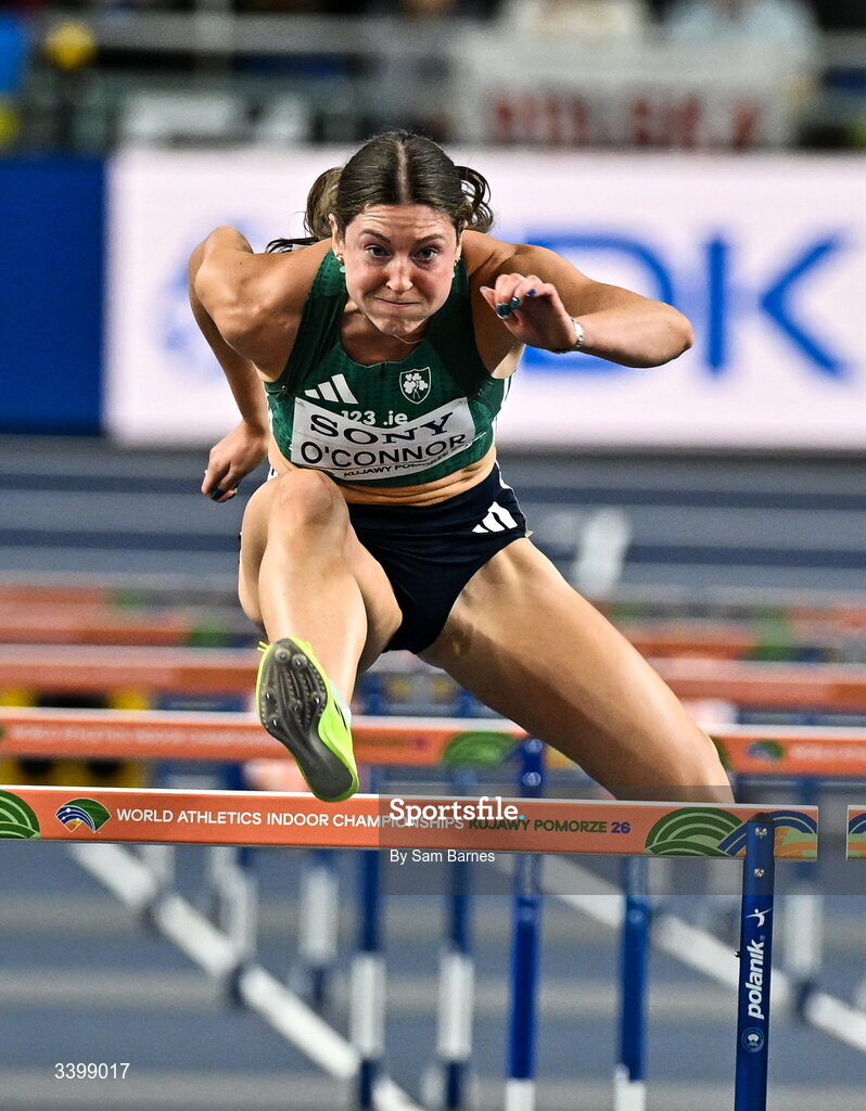 22 March 2026; Kate O'Connor of Ireland competes in the Women's 60m hurdles event in the Women's Pentathlon during day three of the World Athletics Indoor Championships at Kujawsko-Pomorska Arena in Torun, Poland. Photo by Sam Barnes/Sportsfile