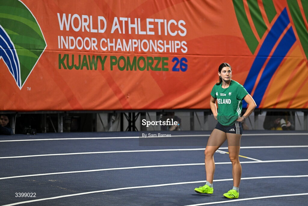 22 March 2026; Kate O'Connor of Ireland before competing in the Women's high jump event in the Women's Pentathlon during day three of the World Athletics Indoor Championships at Kujawsko-Pomorska Arena in Torun, Poland. Photo by Sam Barnes/Sportsfile