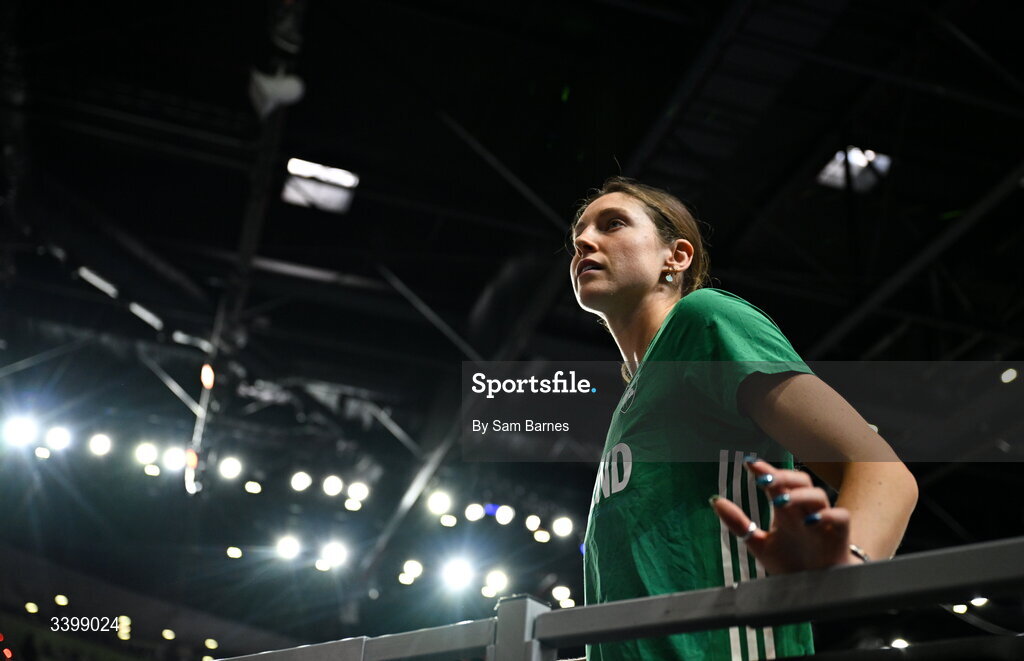 22 March 2026; Kate O'Connor of Ireland before competing in the Women's high jump event in the Women's Pentathlon during day three of the World Athletics Indoor Championships at Kujawsko-Pomorska Arena in Torun, Poland. Photo by Sam Barnes/Sportsfile