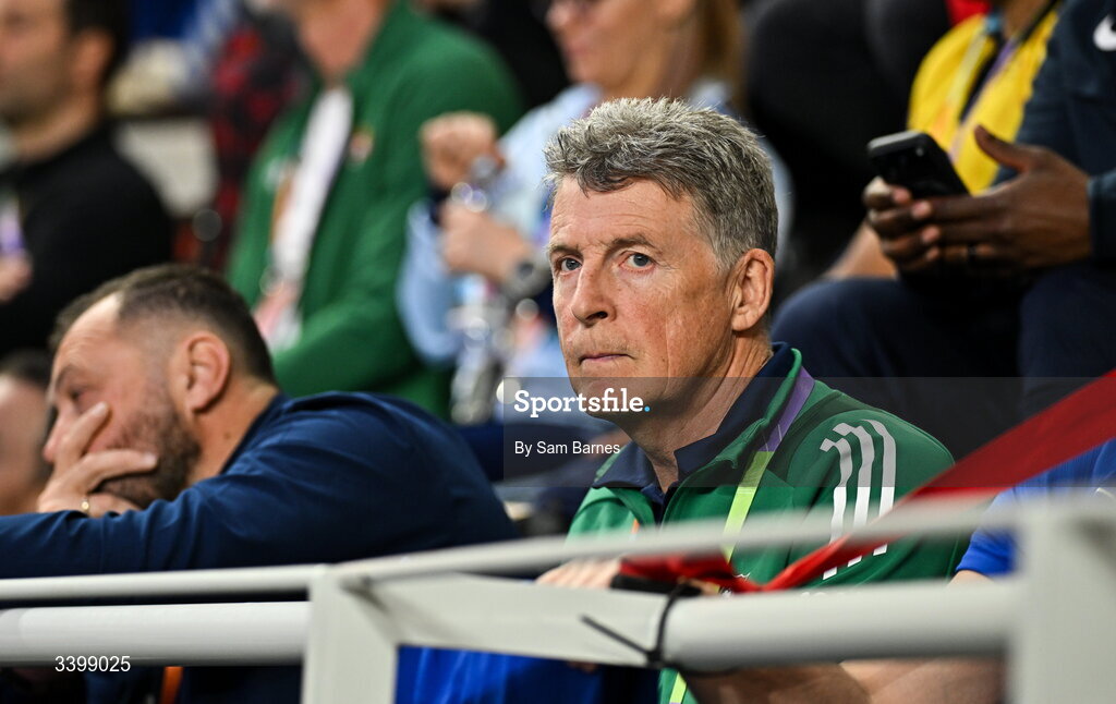 22 March 2026; Coach and father of Kate O'Connor, Michael O'Connor, during day three of the World Athletics Indoor Championships at Kujawsko-Pomorska Arena in Torun, Poland. Photo by Sam Barnes/Sportsfile
