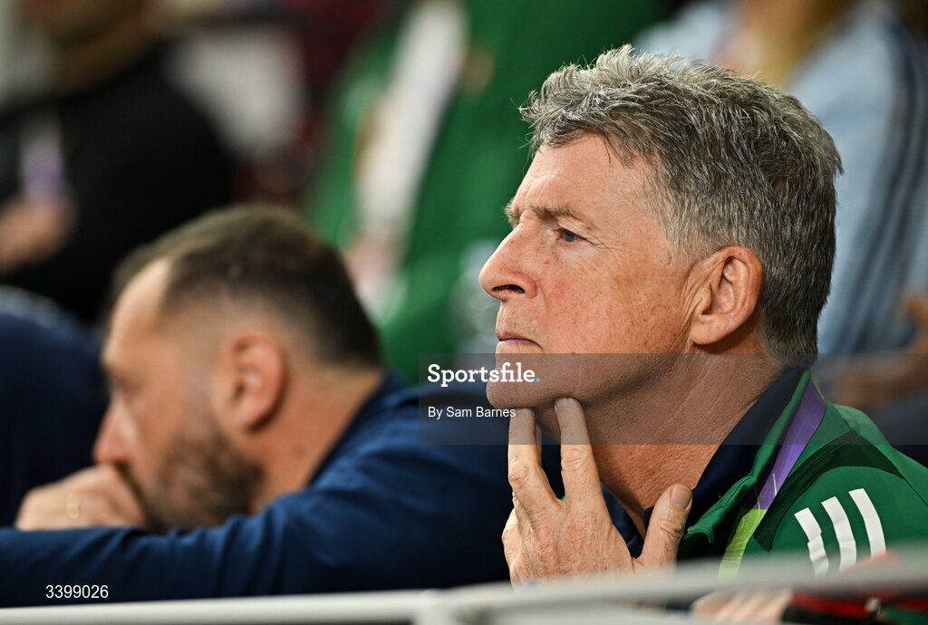 22 March 2026; Coach and father of Kate O'Connor, Michael O'Connor, during day three of the World Athletics Indoor Championships at Kujawsko-Pomorska Arena in Torun, Poland. Photo by Sam Barnes/Sportsfile