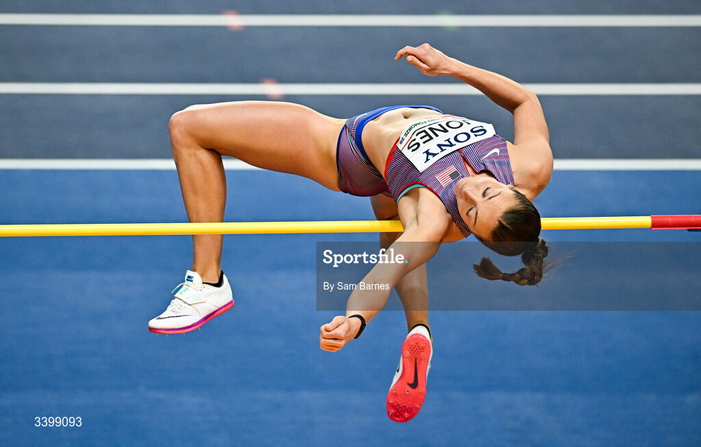 22 March 2026; Allie Jones of United States competes in the Women's high jump event in the Women's Pentathlon during day three of the World Athletics Indoor Championships at Kujawsko-Pomorska Arena in Torun, Poland. Photo by Sam Barnes/Sportsfile