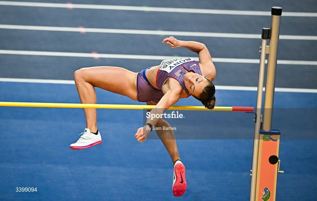 22 March 2026; Allie Jones of United States competes in the Women's high jump event in the Women's Pentathlon during day three of the World Athletics Indoor Championships at Kujawsko-Pomorska Arena in Torun, Poland. Photo by Sam Barnes/Sportsfile