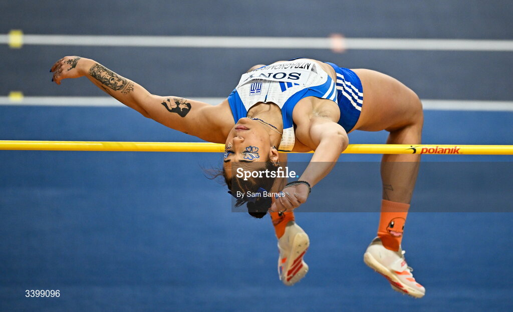 22 March 2026; Anastasia Ntragkomirova of Greece competes in the Women's high jump event in the Women's Pentathlon during day three of the World Athletics Indoor Championships at Kujawsko-Pomorska Arena in Torun, Poland. Photo by Sam Barnes/Sportsfile