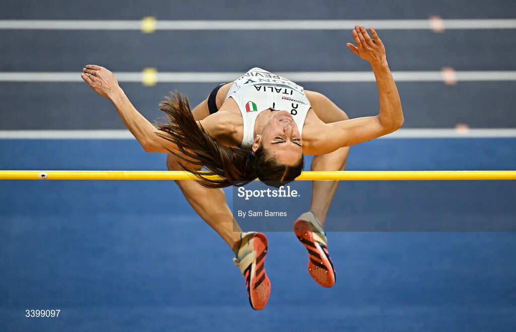 22 March 2026; Sveva Gerevini of Italy competes in the Women's high jump event in the Women's Pentathlon during day three of the World Athletics Indoor Championships at Kujawsko-Pomorska Arena in Torun, Poland. Photo by Sam Barnes/Sportsfile