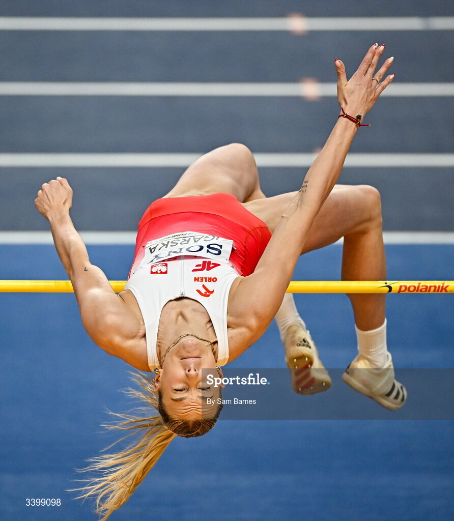 22 March 2026; Paulina Ligarska of Poland competes in the Women's high jump event in the Women's Pentathlon during day three of the World Athletics Indoor Championships at Kujawsko-Pomorska Arena in Torun, Poland. Photo by Sam Barnes/Sportsfile