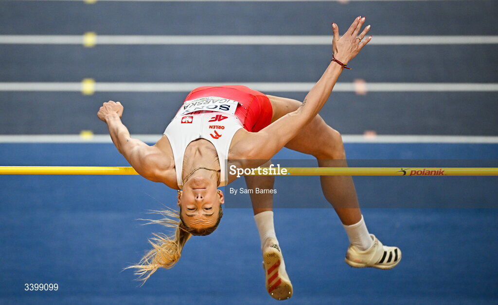 22 March 2026; Paulina Ligarska of Poland competes in the Women's high jump event in the Women's Pentathlon during day three of the World Athletics Indoor Championships at Kujawsko-Pomorska Arena in Torun, Poland. Photo by Sam Barnes/Sportsfile
