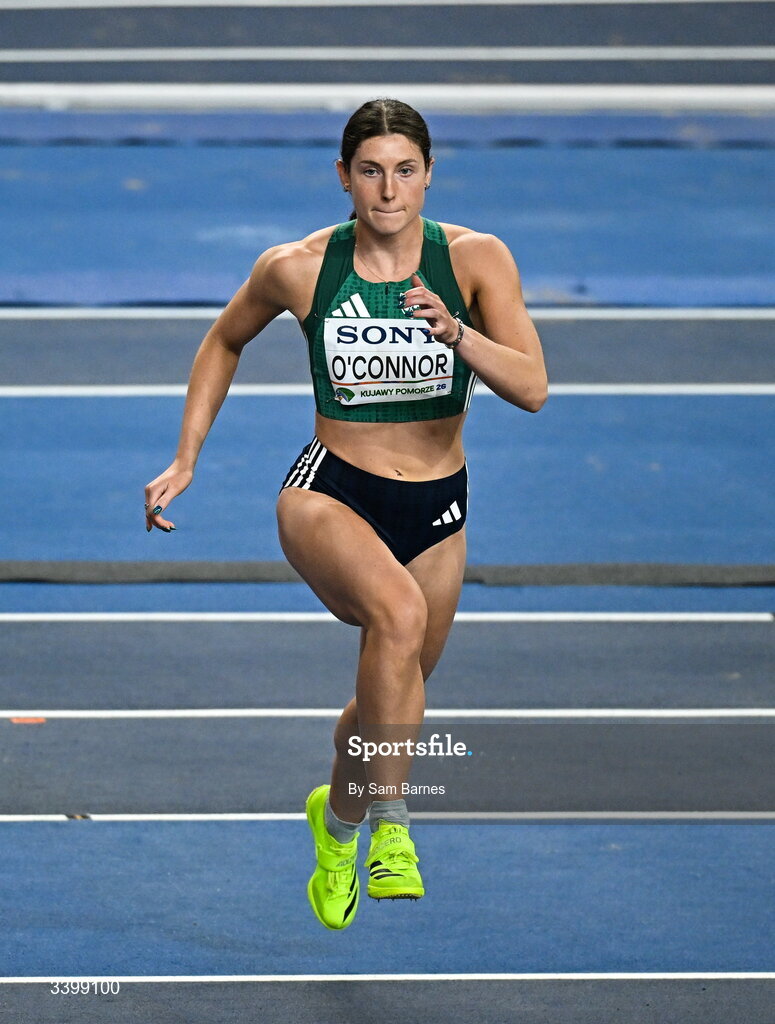 22 March 2026; Kate O'Connor of Ireland competes in the Women's high jump event in the Women's Pentathlon during day three of the World Athletics Indoor Championships at Kujawsko-Pomorska Arena in Torun, Poland. Photo by Sam Barnes/Sportsfile