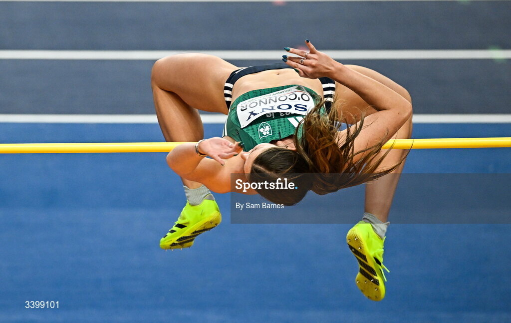 22 March 2026; Kate O'Connor of Ireland competes in the Women's high jump event in the Women's Pentathlon during day three of the World Athletics Indoor Championships at Kujawsko-Pomorska Arena in Torun, Poland. Photo by Sam Barnes/Sportsfile