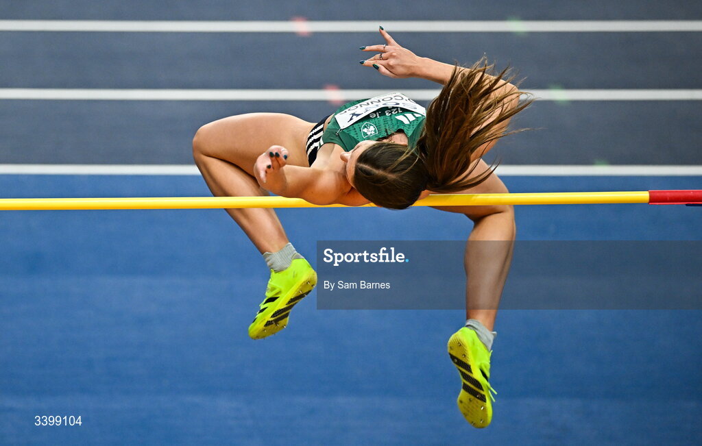 22 March 2026; Kate O'Connor of Ireland competes in the Women's high jump event in the Women's Pentathlon during day three of the World Athletics Indoor Championships at Kujawsko-Pomorska Arena in Torun, Poland. Photo by Sam Barnes/Sportsfile