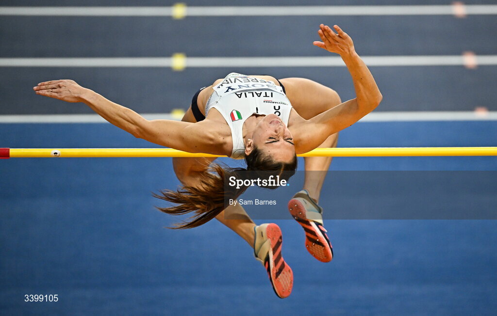 22 March 2026; Sveva Gerevini of Italy competes in the Women's high jump event in the Women's Pentathlon during day three of the World Athletics Indoor Championships at Kujawsko-Pomorska Arena in Torun, Poland. Photo by Sam Barnes/Sportsfile