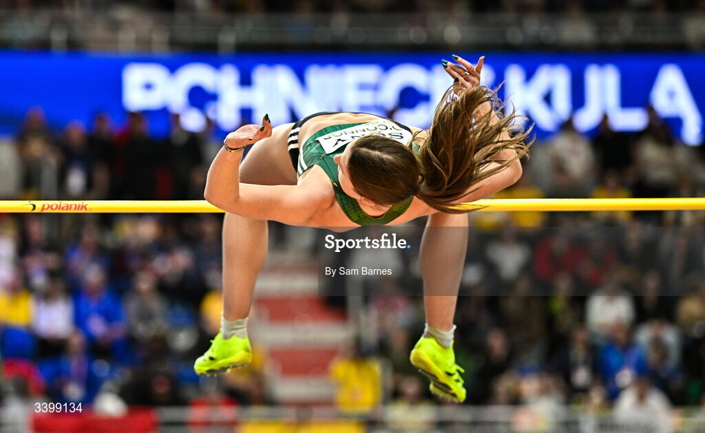 22 March 2026; Kate O'Connor of Ireland competes in the Women's high jump event in the Women's Pentathlon during day three of the World Athletics Indoor Championships at Kujawsko-Pomorska Arena in Torun, Poland. Photo by Sam Barnes/Sportsfile