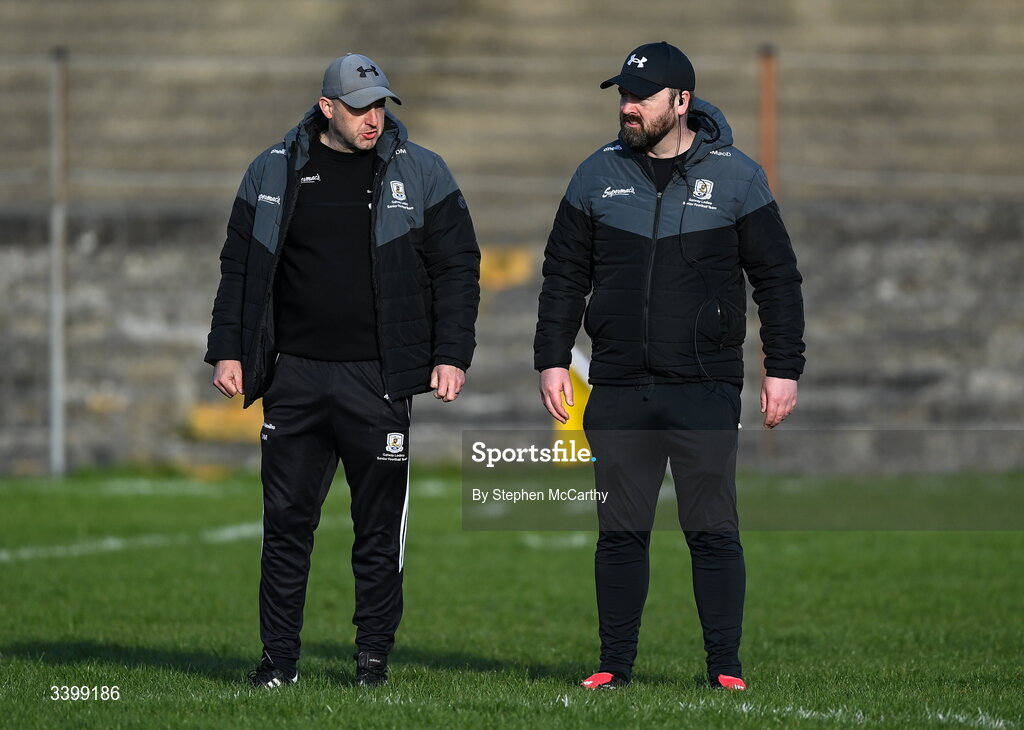 21 March 2026; Galway manager Daniel Moynihan, left, and mentor Nioclas Mac Donnacha before the Lidl Ladies National Football League Division 1 Round 6 match between Galway and Dublin at Tuam Stadium in Tuam, Galway. Photo by Stephen McCarthy/Sportsfile