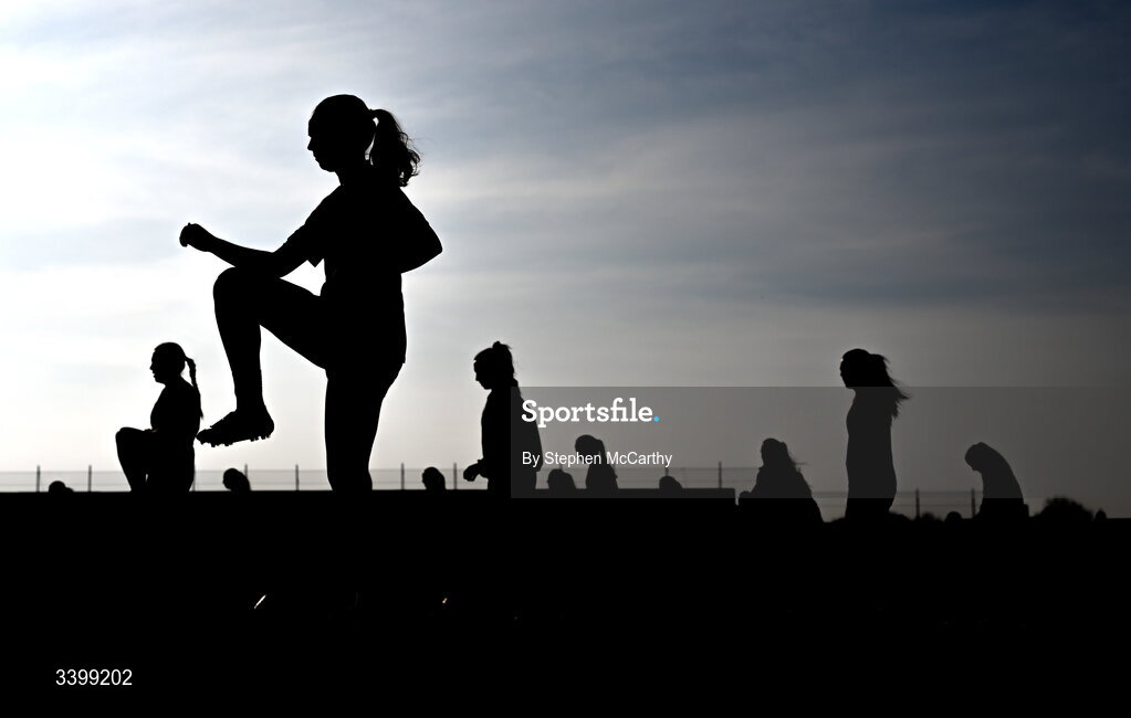 21 March 2026; Galway players warm up before the Lidl Ladies National Football League Division 1 Round 6 match between Galway and Dublin at Tuam Stadium in Tuam, Galway. Photo by Stephen McCarthy/Sportsfile