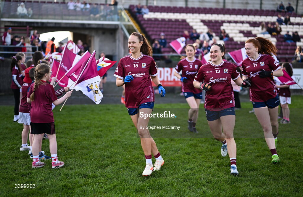 21 March 2026; Galway players, from left, Olivia Divilly, Andrea Trill and Kate Slevin before the Lidl Ladies National Football League Division 1 Round 6 match between Galway and Dublin at Tuam Stadium in Tuam, Galway. Photo by Stephen McCarthy/Sportsfile