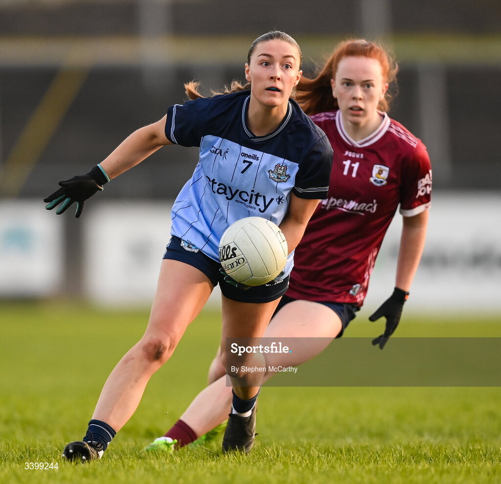 21 March 2026; Niamh Donlon of Dublin and Kate Slevin of Galway during the Lidl Ladies National Football League Division 1 Round 6 match between Galway and Dublin at Tuam Stadium in Tuam, Galway. Photo by Stephen McCarthy/Sportsfile