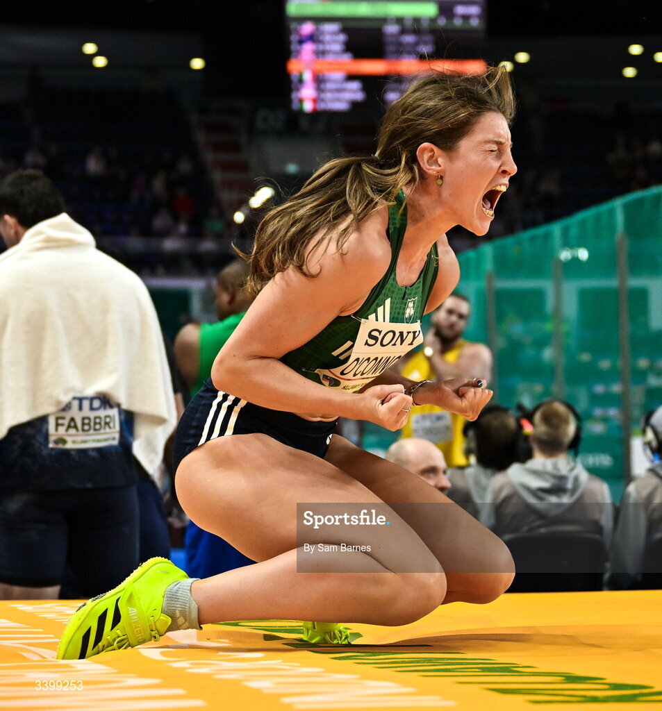 22 March 2026; Kate O'Connor of Ireland celebrates a clearance in the Women's high jump event in the Women's Pentathlon during day three of the World Athletics Indoor Championships at Kujawsko-Pomorska Arena in Torun, Poland. Photo by Sam Barnes/Sportsfile
