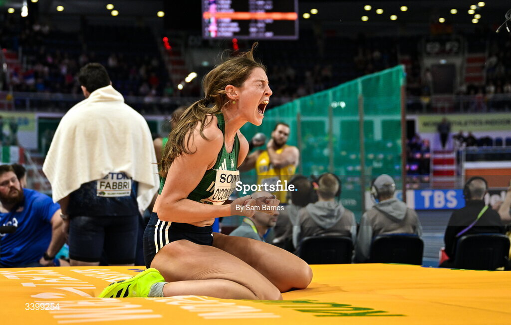 22 March 2026; Kate O'Connor of Ireland celebrates a clearance in the Women's high jump event in the Women's Pentathlon during day three of the World Athletics Indoor Championships at Kujawsko-Pomorska Arena in Torun, Poland. Photo by Sam Barnes/Sportsfile