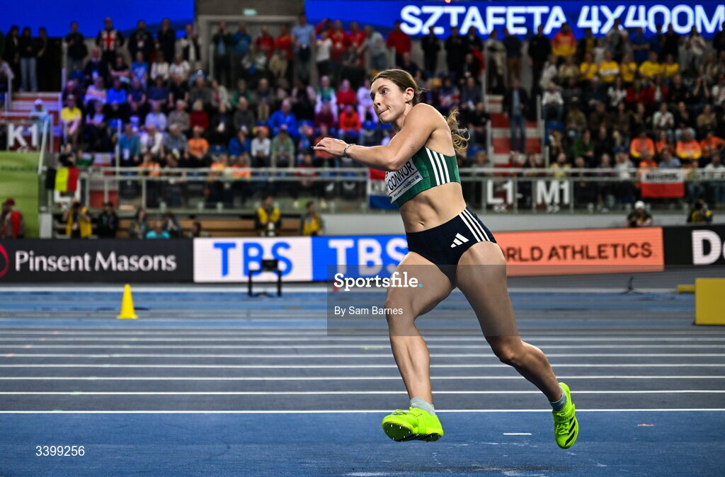 22 March 2026; Kate O'Connor of Ireland competes in the Women's high jump event in the Women's Pentathlon during day three of the World Athletics Indoor Championships at Kujawsko-Pomorska Arena in Torun, Poland. Photo by Sam Barnes/Sportsfile