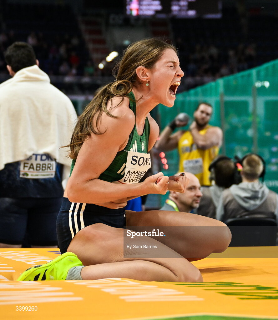 22 March 2026; Kate O'Connor of Ireland celebrates a clearance in the Women's high jump event in the Women's Pentathlon during day three of the World Athletics Indoor Championships at Kujawsko-Pomorska Arena in Torun, Poland. Photo by Sam Barnes/Sportsfile