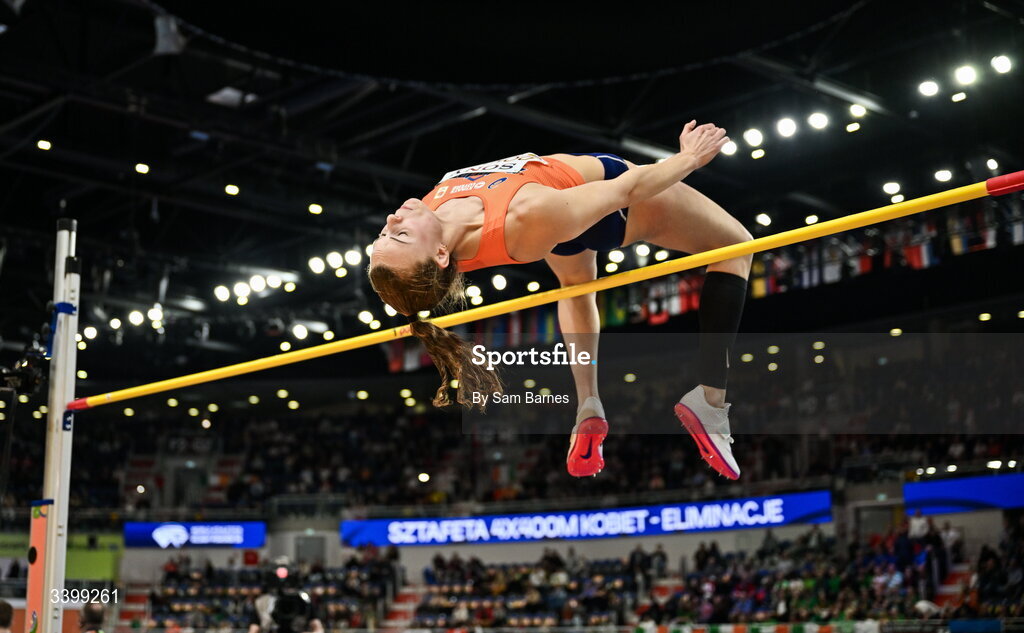 22 March 2026; Sofie Dokter of Netherlands competes in the Women's high jump event in the Women's Pentathlon during day three of the World Athletics Indoor Championships at Kujawsko-Pomorska Arena in Torun, Poland. Photo by Sam Barnes/Sportsfile