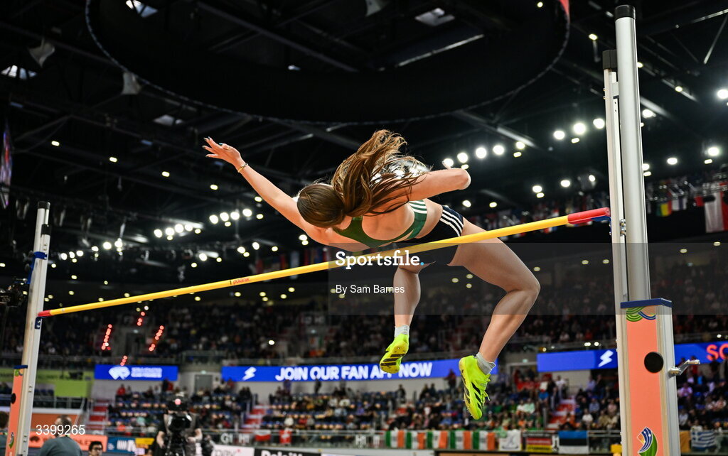 22 March 2026; Kate O'Connor of Ireland competes in the Women's high jump event in the Women's Pentathlon during day three of the World Athletics Indoor Championships at Kujawsko-Pomorska Arena in Torun, Poland. Photo by Sam Barnes/Sportsfile