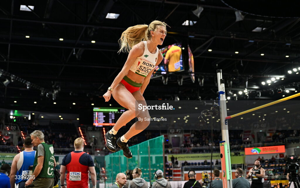 22 March 2026; Szabina Szucs of Hungary celebrates a clearance in the Women's high jump event in the Women's Pentathlon during day three of the World Athletics Indoor Championships at Kujawsko-Pomorska Arena in Torun, Poland. Photo by Sam Barnes/Sportsfile