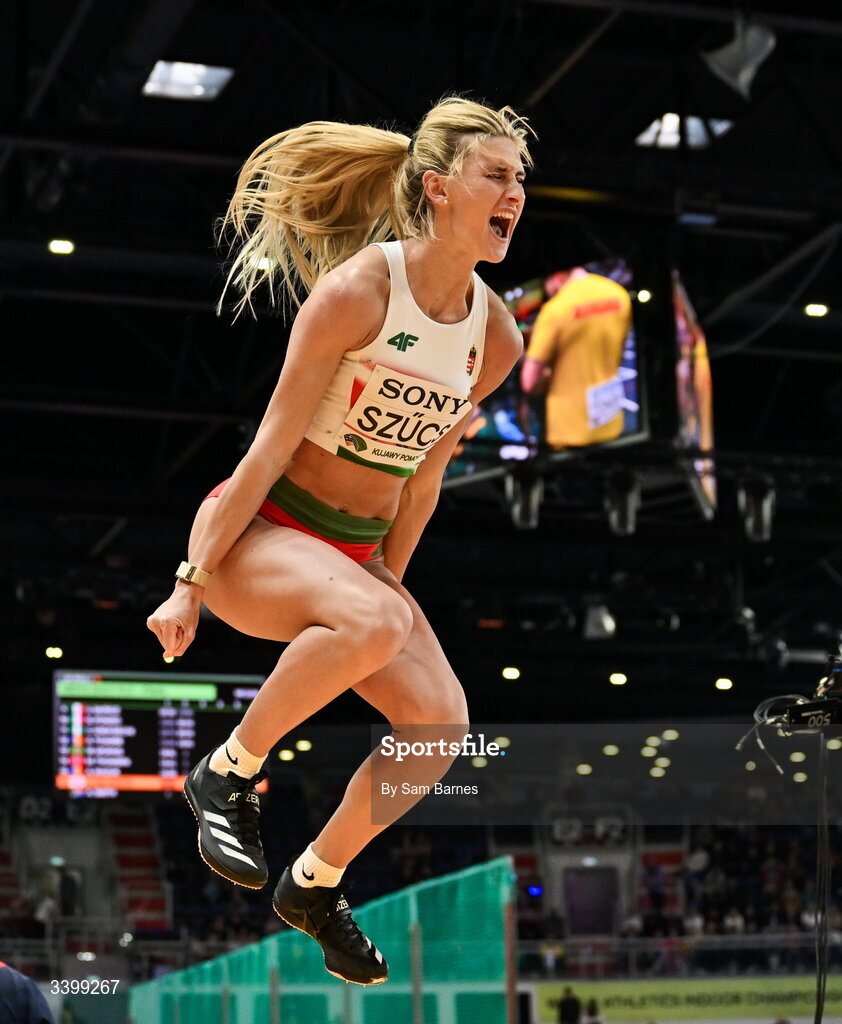 22 March 2026; Szabina Szucs of Hungary celebrates a clearance in the Women's high jump event in the Women's Pentathlon during day three of the World Athletics Indoor Championships at Kujawsko-Pomorska Arena in Torun, Poland. Photo by Sam Barnes/Sportsfile