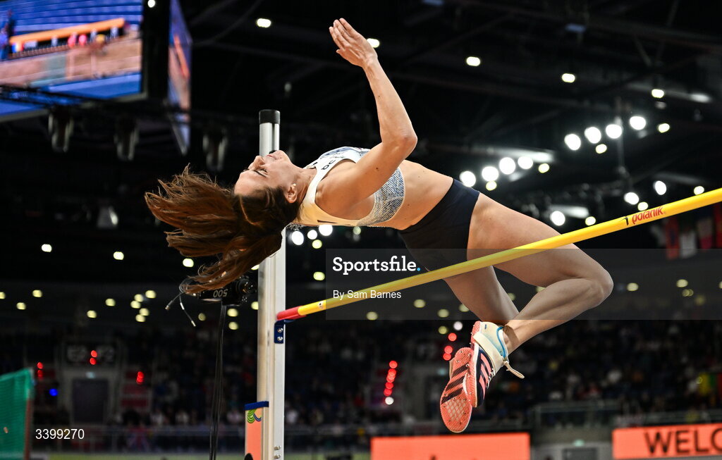 22 March 2026; Sveva Gerevini of Italy competes in the Women's high jump event in the Women's Pentathlon during day three of the World Athletics Indoor Championships at Kujawsko-Pomorska Arena in Torun, Poland. Photo by Sam Barnes/Sportsfile