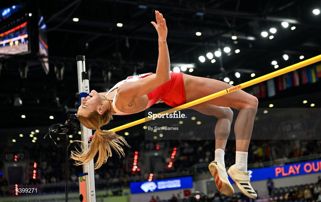 22 March 2026; Paulina Ligarska of Poland competes in the Women's high jump event in the Women's Pentathlon during day three of the World Athletics Indoor Championships at Kujawsko-Pomorska Arena in Torun, Poland. Photo by Sam Barnes/Sportsfile