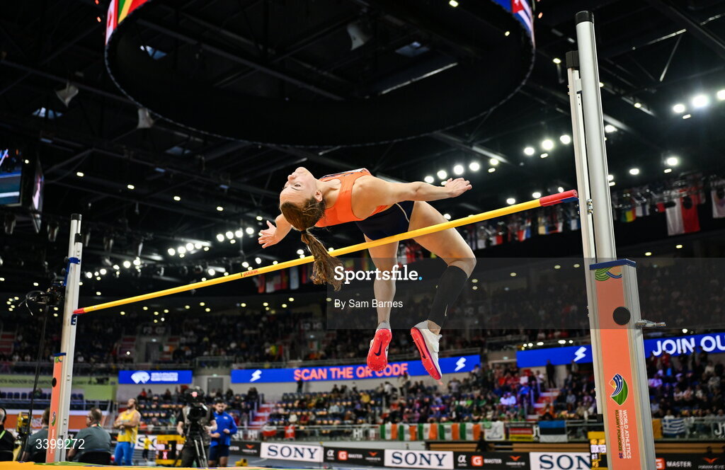 22 March 2026; Sofie Dokter of Netherlands competes in the Women's high jump event in the Women's Pentathlon during day three of the World Athletics Indoor Championships at Kujawsko-Pomorska Arena in Torun, Poland. Photo by Sam Barnes/Sportsfile