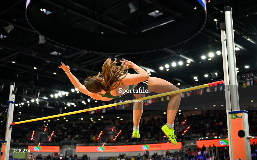 22 March 2026; Kate O'Connor of Ireland competes in the Women's high jump event in the Women's Pentathlon during day three of the World Athletics Indoor Championships at Kujawsko-Pomorska Arena in Torun, Poland. Photo by Sam Barnes/Sportsfile