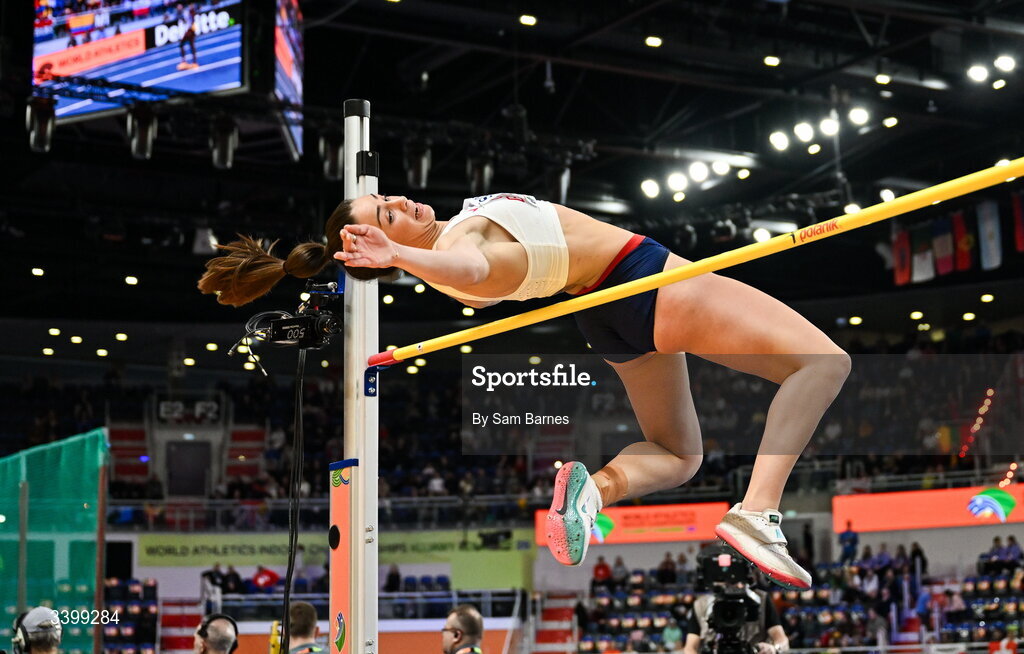 22 March 2026; Ellen Barber of Great Britain competes in the Women's high jump event in the Women's Pentathlon during day three of the World Athletics Indoor Championships at Kujawsko-Pomorska Arena in Torun, Poland. Photo by Sam Barnes/Sportsfile