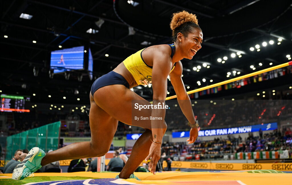 22 March 2026; Martha Araujo of Colombia celebrates a clearance in the Women's high jump event in the Women's Pentathlon during day three of the World Athletics Indoor Championships at Kujawsko-Pomorska Arena in Torun, Poland. Photo by Sam Barnes/Sportsfile