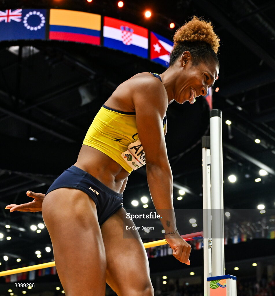 22 March 2026; Martha Araujo of Colombia celebrates a clearance in the Women's high jump event in the Women's Pentathlon during day three of the World Athletics Indoor Championships at Kujawsko-Pomorska Arena in Torun, Poland. Photo by Sam Barnes/Sportsfile