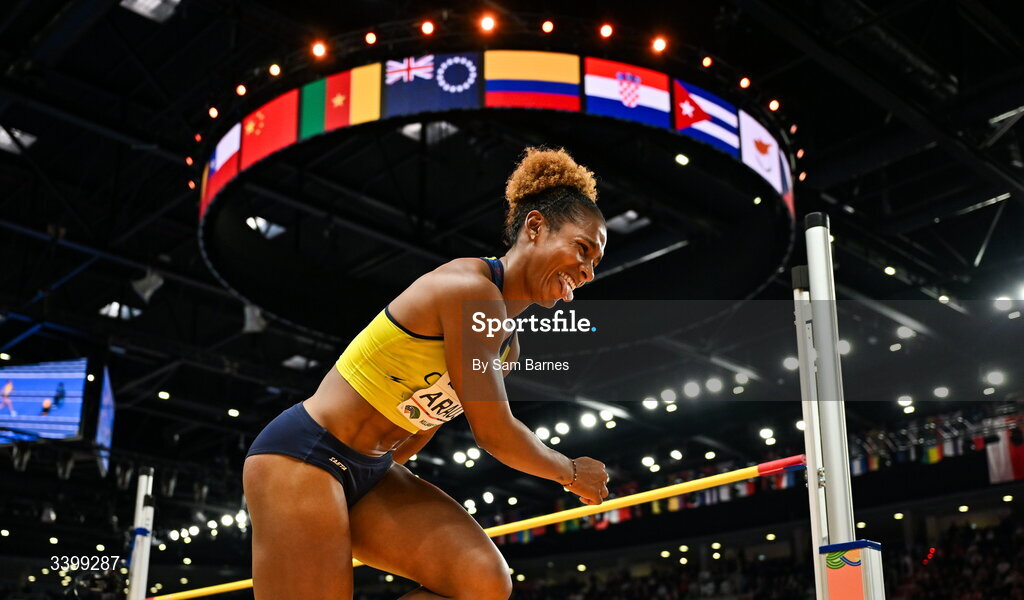 22 March 2026; Martha Araujo of Colombia celebrates a clearance in the Women's high jump event in the Women's Pentathlon during day three of the World Athletics Indoor Championships at Kujawsko-Pomorska Arena in Torun, Poland. Photo by Sam Barnes/Sportsfile