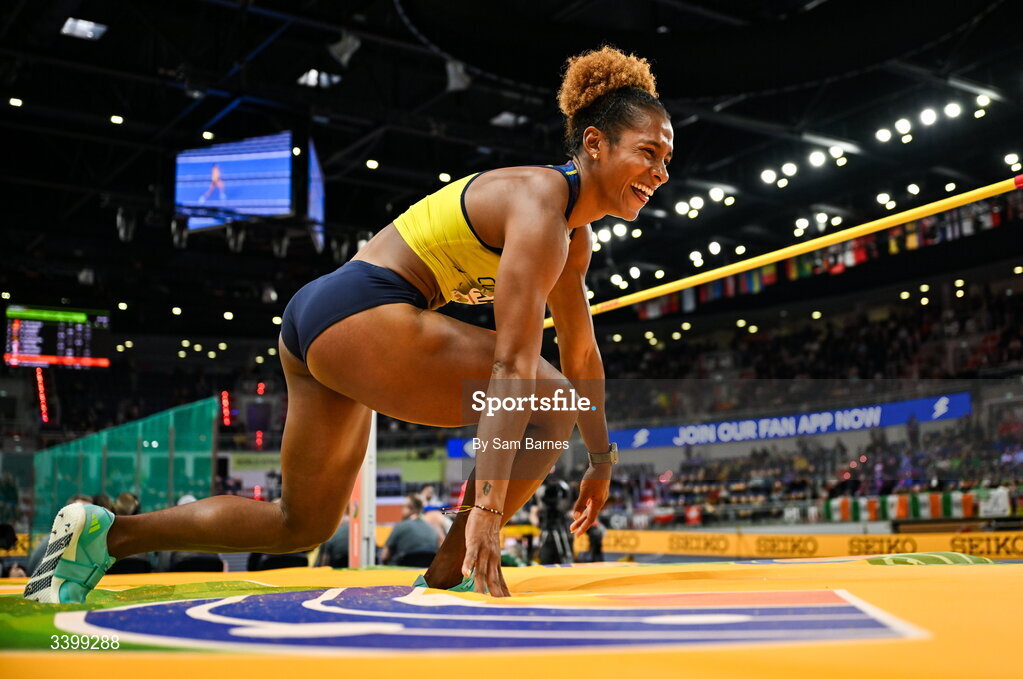 22 March 2026; Martha Araujo of Colombia celebrates a clearance in the Women's high jump event in the Women's Pentathlon during day three of the World Athletics Indoor Championships at Kujawsko-Pomorska Arena in Torun, Poland. Photo by Sam Barnes/Sportsfile