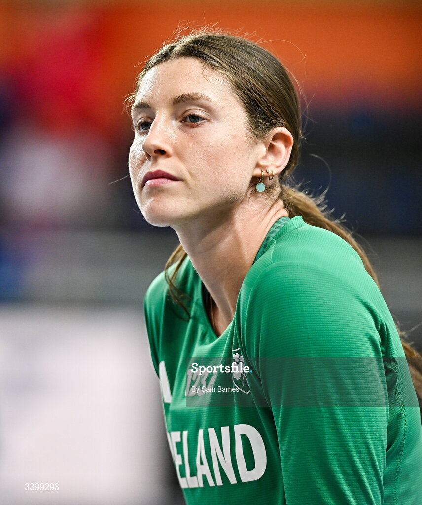 22 March 2026; Kate O'Connor of Ireland reacts after competing in the Women's high jump event in the Women's Pentathlon during day three of the World Athletics Indoor Championships at Kujawsko-Pomorska Arena in Torun, Poland. Photo by Sam Barnes/Sportsfile