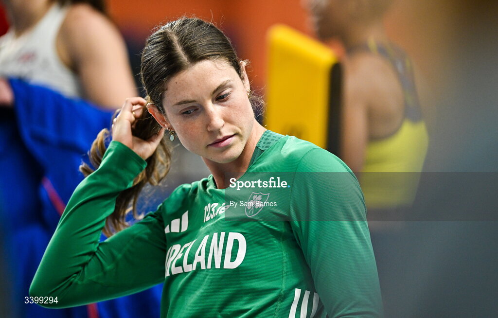 22 March 2026; Kate O'Connor of Ireland reacts after competing in the Women's high jump event in the Women's Pentathlon during day three of the World Athletics Indoor Championships at Kujawsko-Pomorska Arena in Torun, Poland. Photo by Sam Barnes/Sportsfile