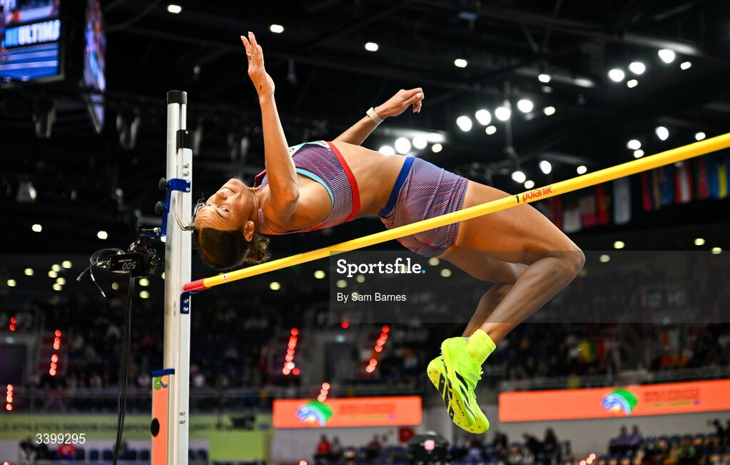 22 March 2026; Anna Hall of United States competes in the Women's high jump event in the Women's Pentathlon during day three of the World Athletics Indoor Championships at Kujawsko-Pomorska Arena in Torun, Poland. Photo by Sam Barnes/Sportsfile