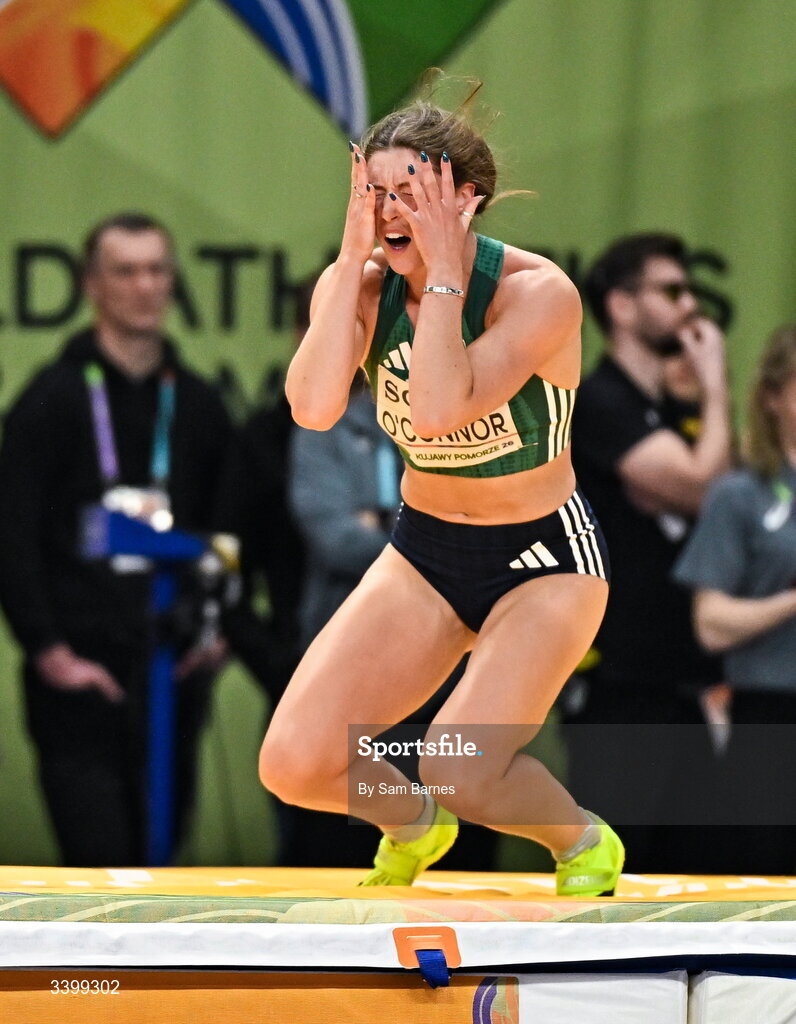 22 March 2026; Kate O'Connor of Ireland reacts to a failed clearance in the Women's high jump event in the Women's Pentathlon during day three of the World Athletics Indoor Championships at Kujawsko-Pomorska Arena in Torun, Poland. Photo by Sam Barnes/Sportsfile